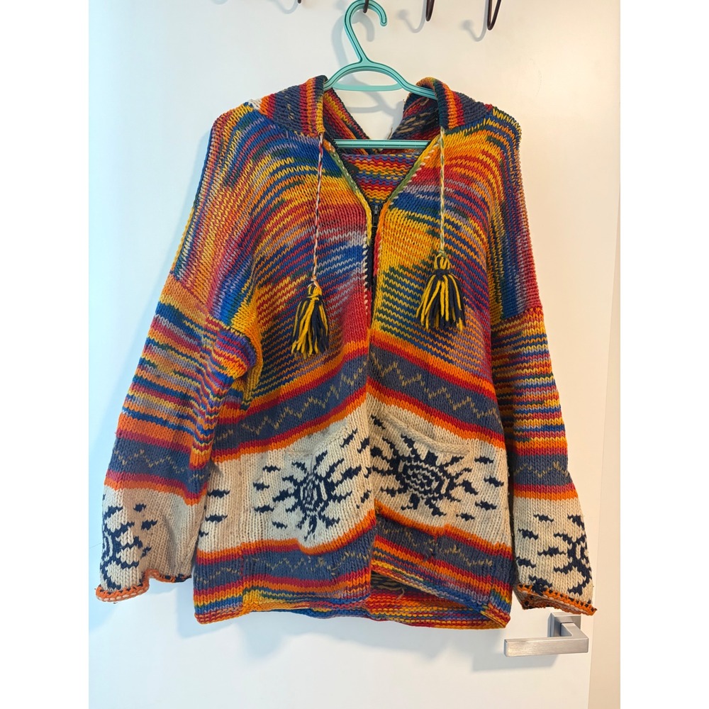 Vintage Quillas 100% Wool Hand Knit Sun Hooded Sweater Zip Cardigan Ecuador XL